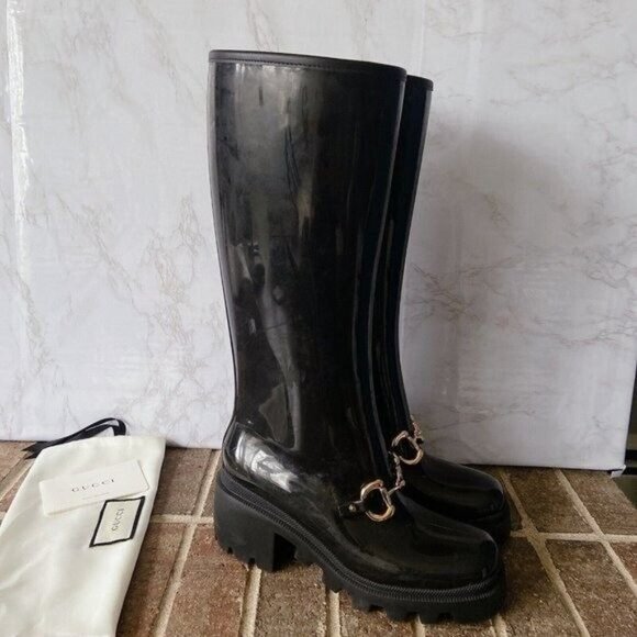 Gucci Horsebit Trip Lug Platform Heel Knee High Waterproof Rain Boot Black EU 37 - Picture 6 of 16